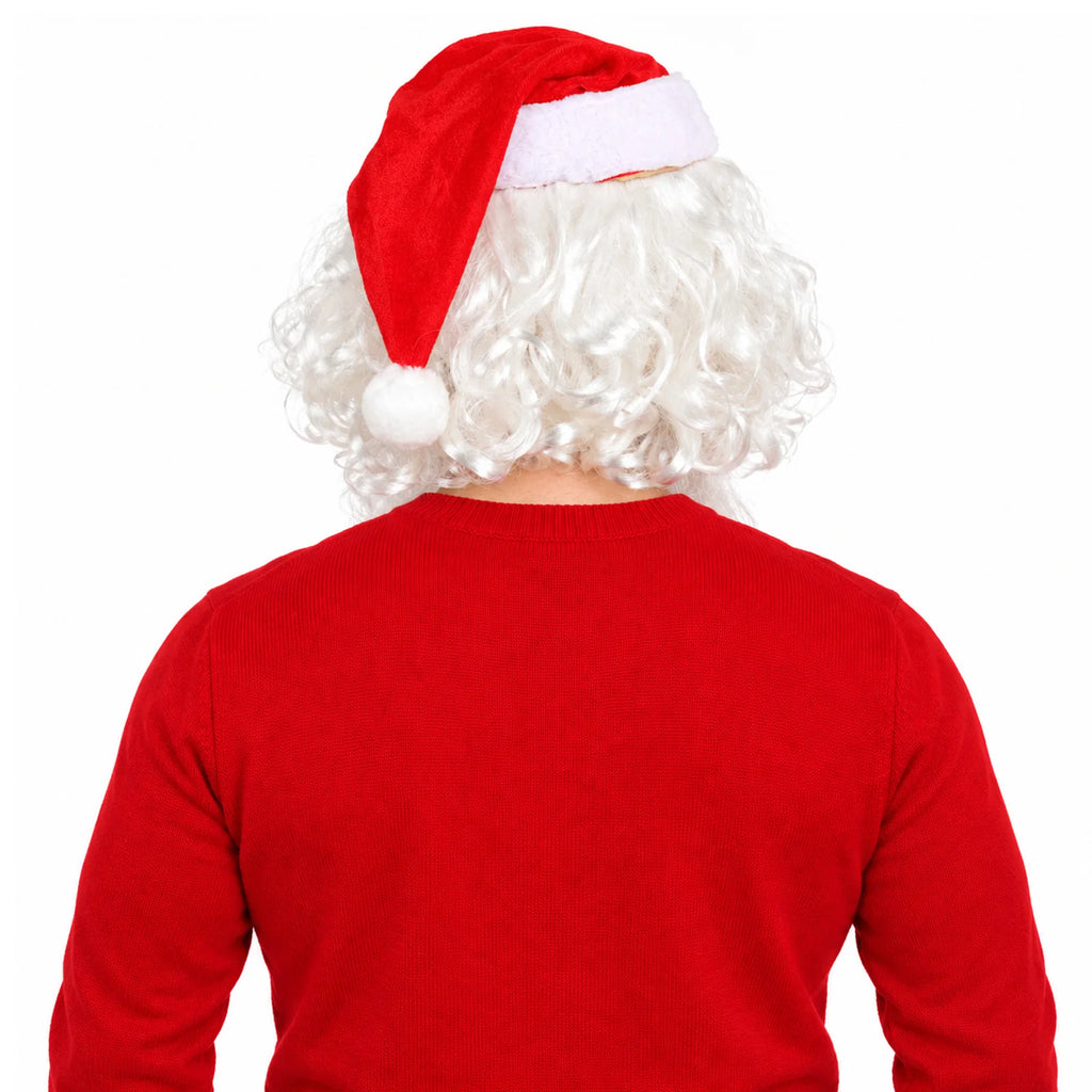 Back view of the white curls and red Santa hat.
