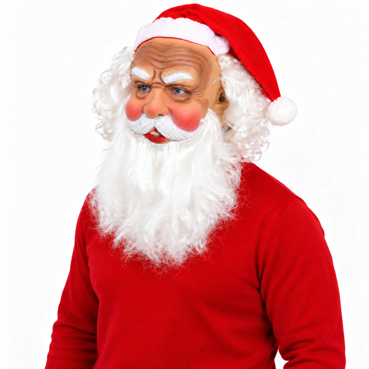 Three-quarter view of the Santa mask worn with its red hat.