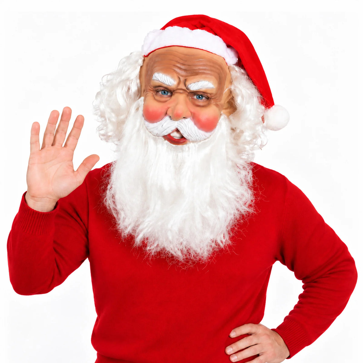 Model waves while wearing a Santa mask with white beard.
