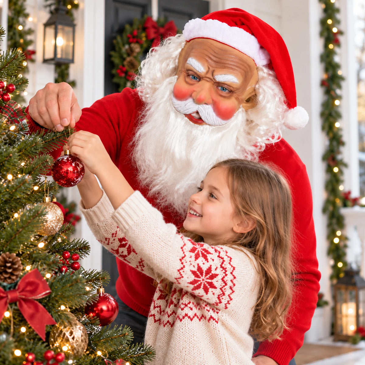 A person wearing the Santa mask decorates a Christmas tree with a child.