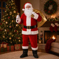 Full Santa costume for men holding the included bell and gold gift sack