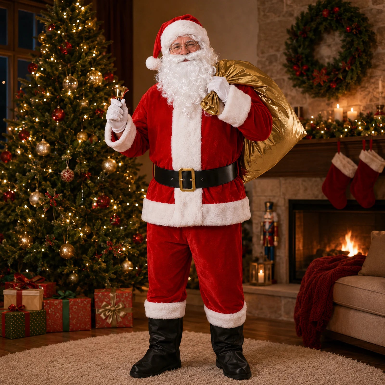 Full Santa costume for men holding the included bell and gold gift sack