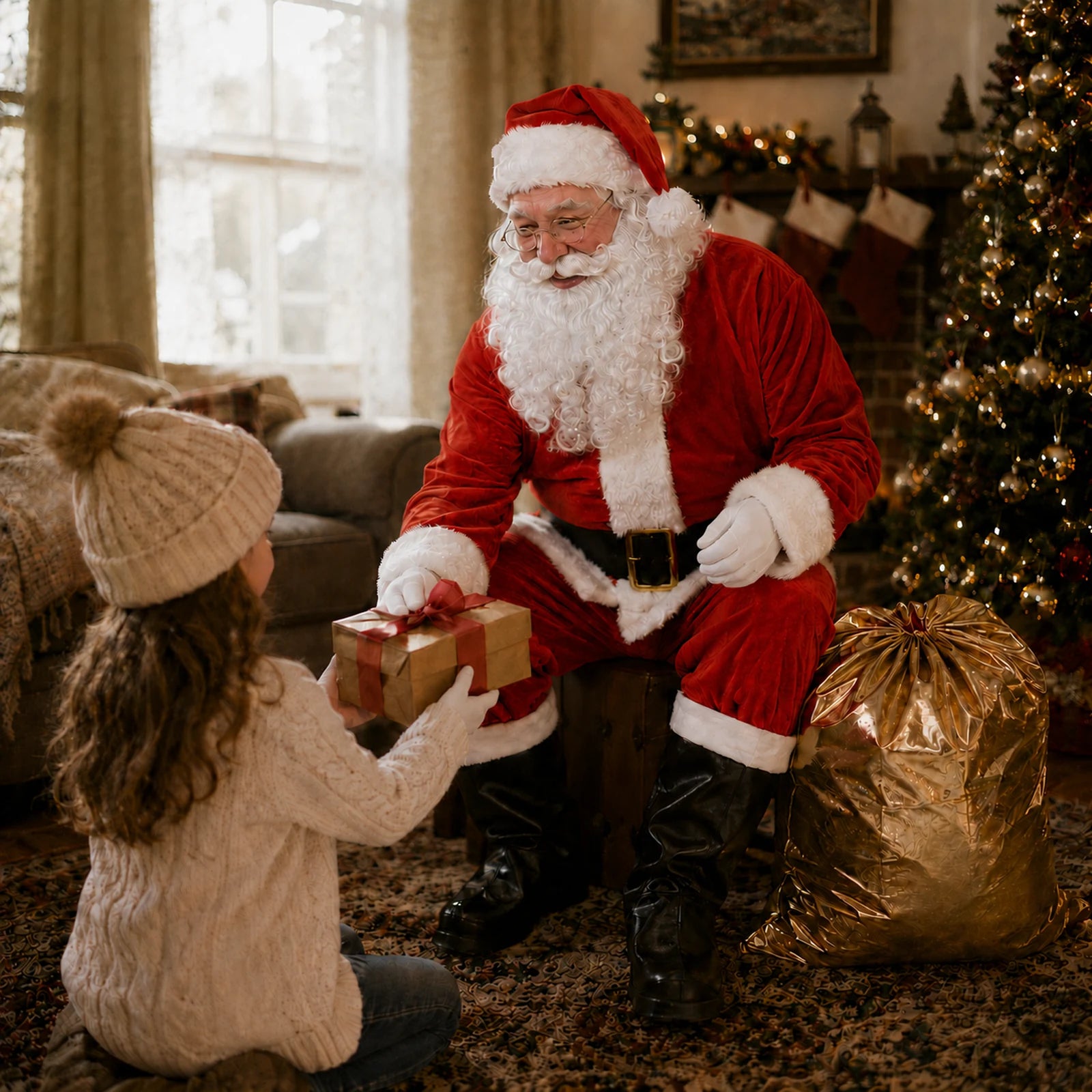 Santa costume for men presenting a Christmas gift beside a decorated tree