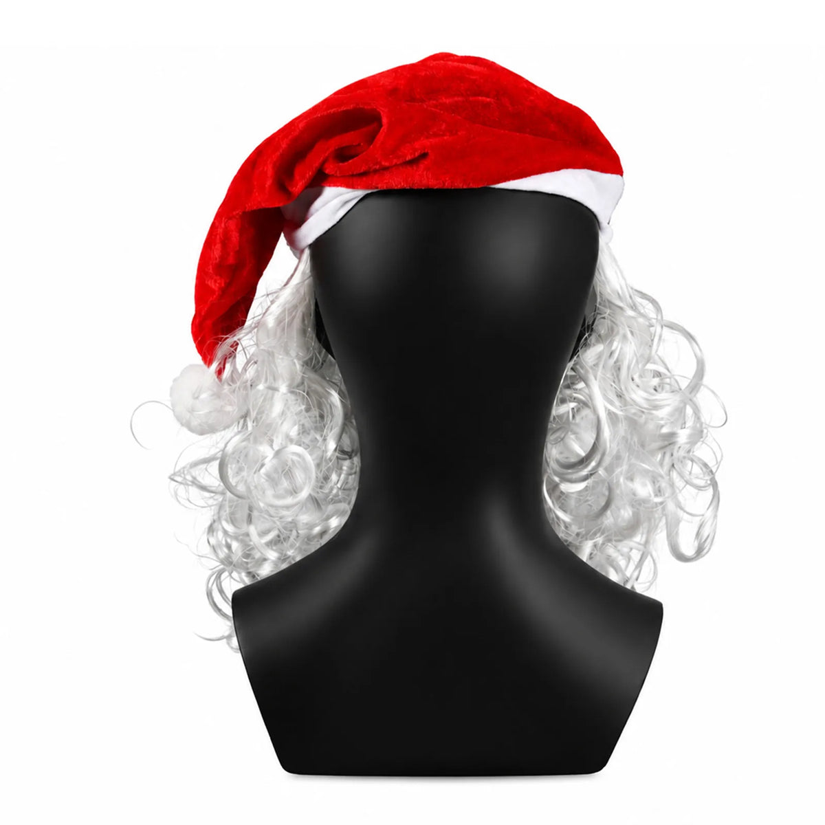 The back view shows red fabric, white trim and curly white hair around the display head.