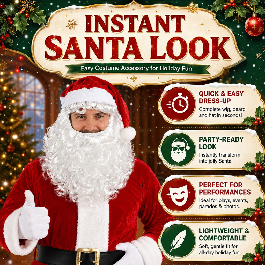 The holiday graphic presents the hat, white hair and beard look for dress-up, performances and photos.