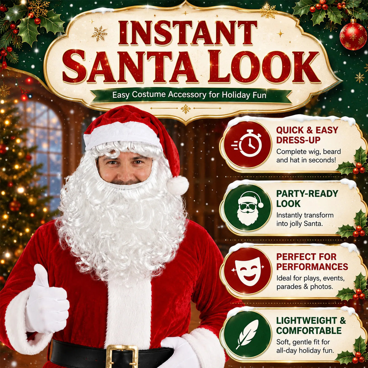 The holiday graphic presents the hat, white hair and beard look for dress-up, performances and photos.