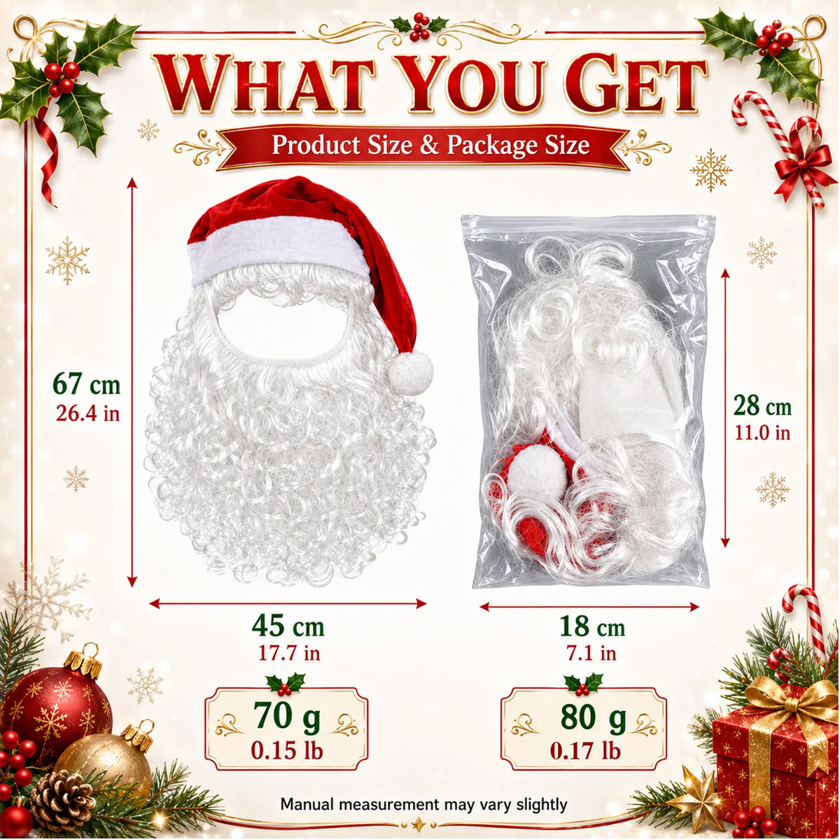The graphic lists overall 67 by 45 cm dimensions, package 28 by 18 cm, nominal net 70 g and packed 80 g.