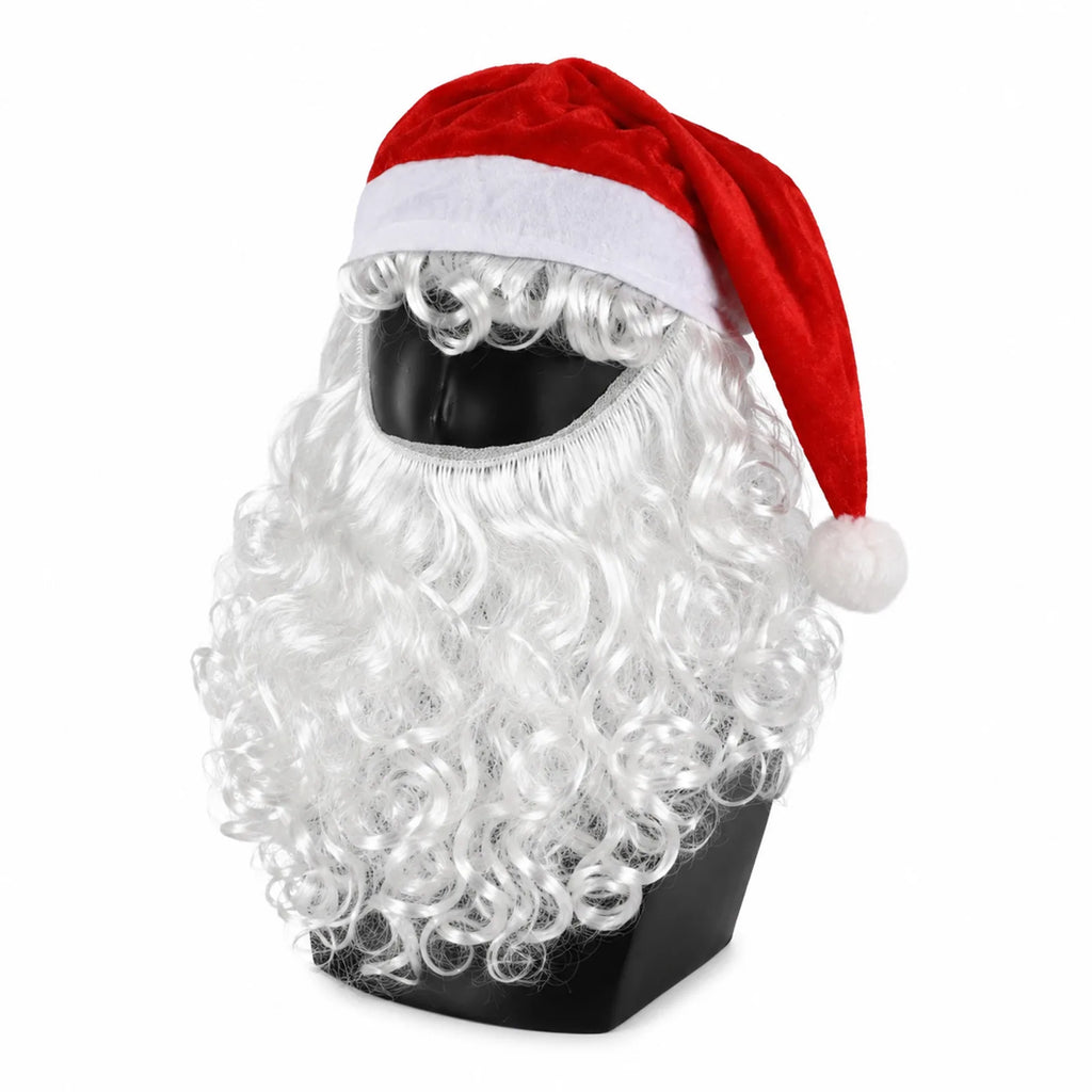 The red Santa hat and attached white curls surround the open face area on a black display head.