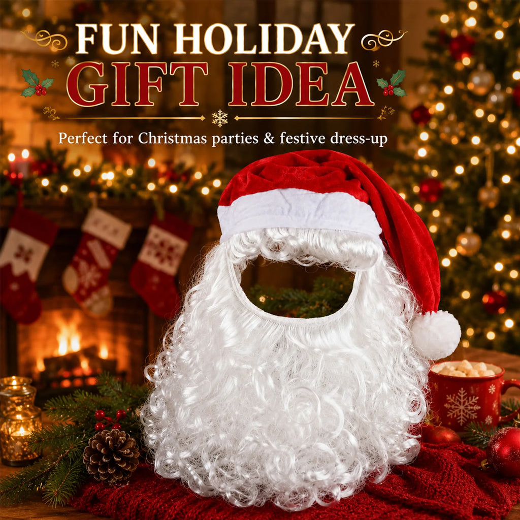 The red hat and white curly beard accessory is displayed with festive gift and Christmas background styling.
