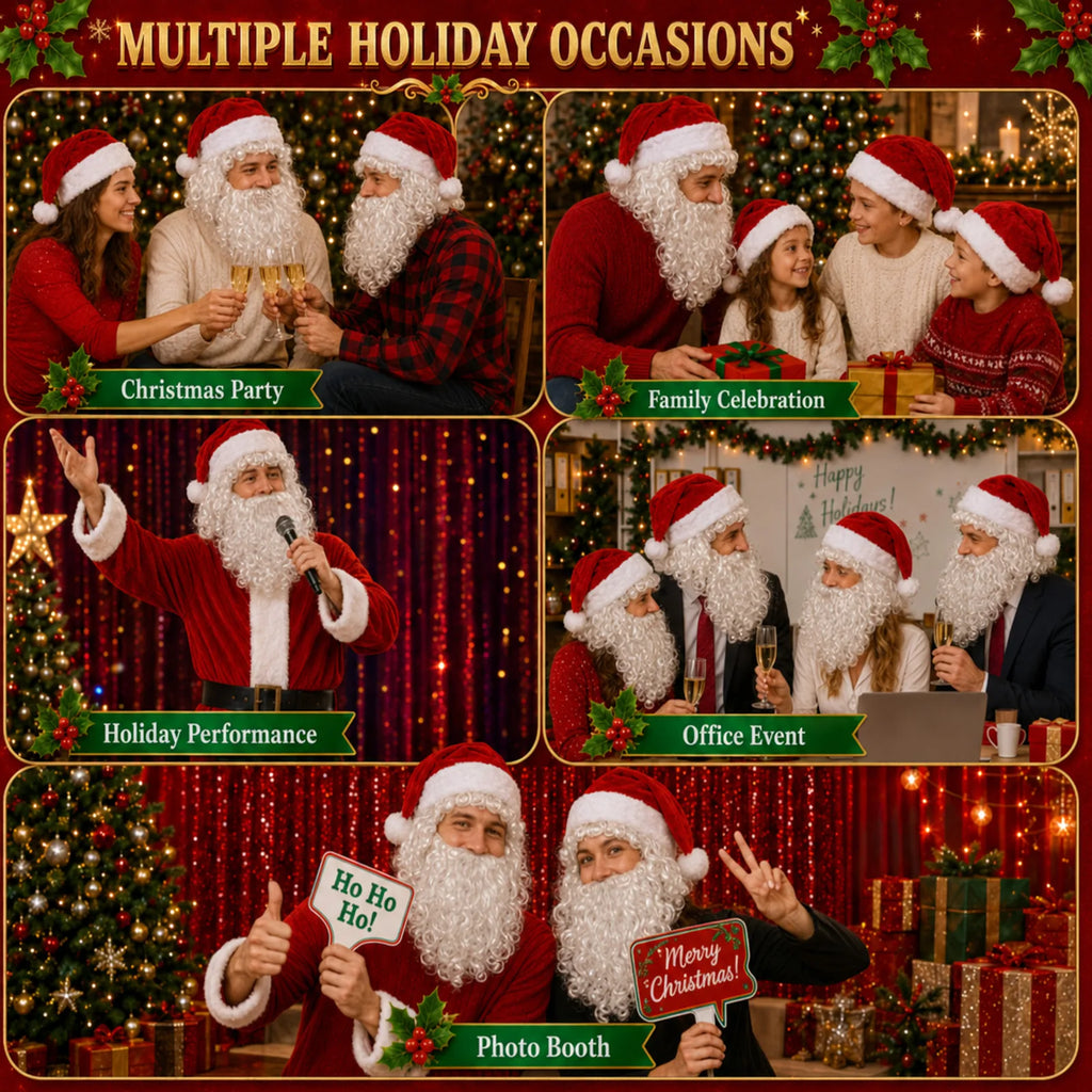 The collage shows Christmas parties, family celebrations, performances, office events and photo booth styling with Santa accessories.