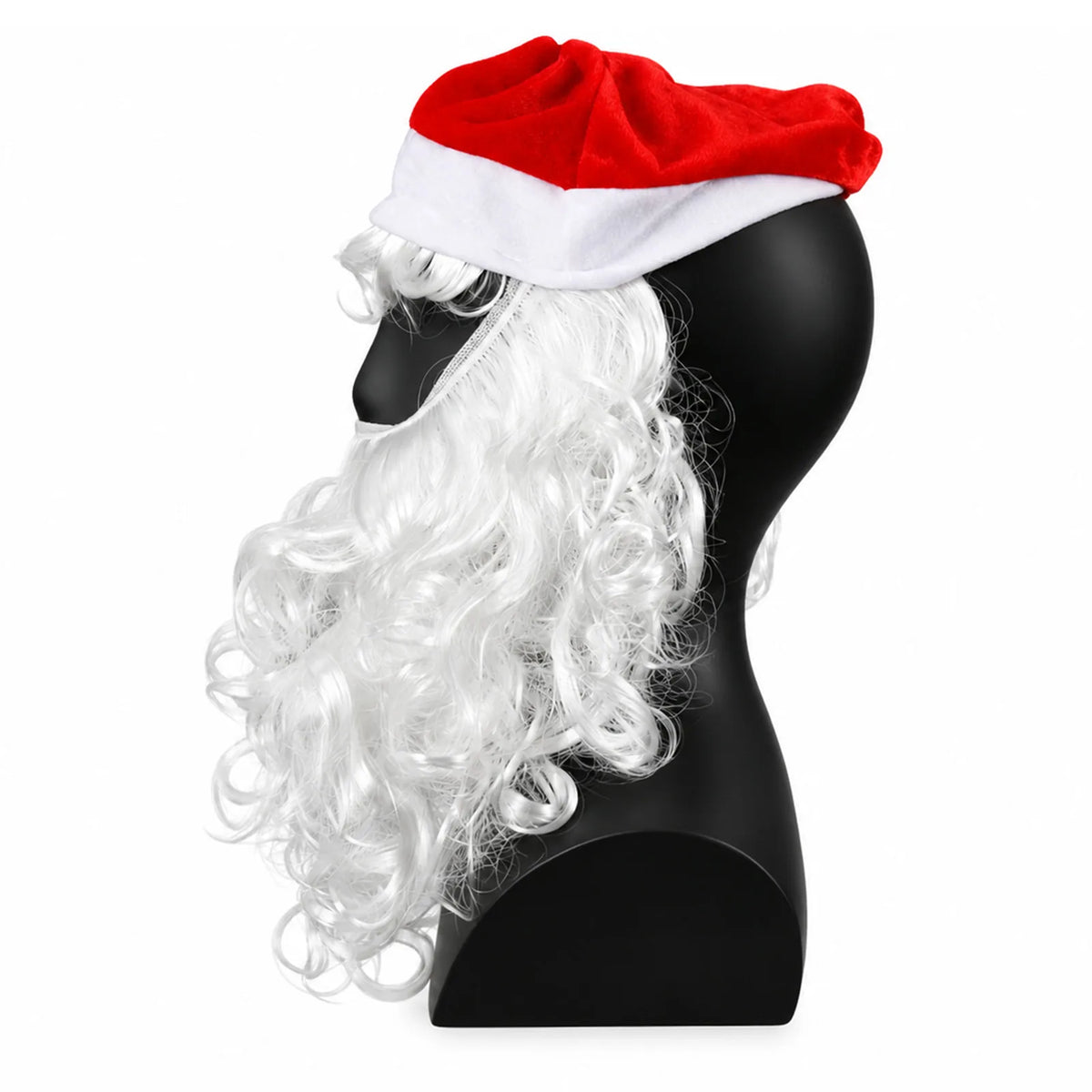 A side view shows the long white curls beneath the red hat and white pom-pom.