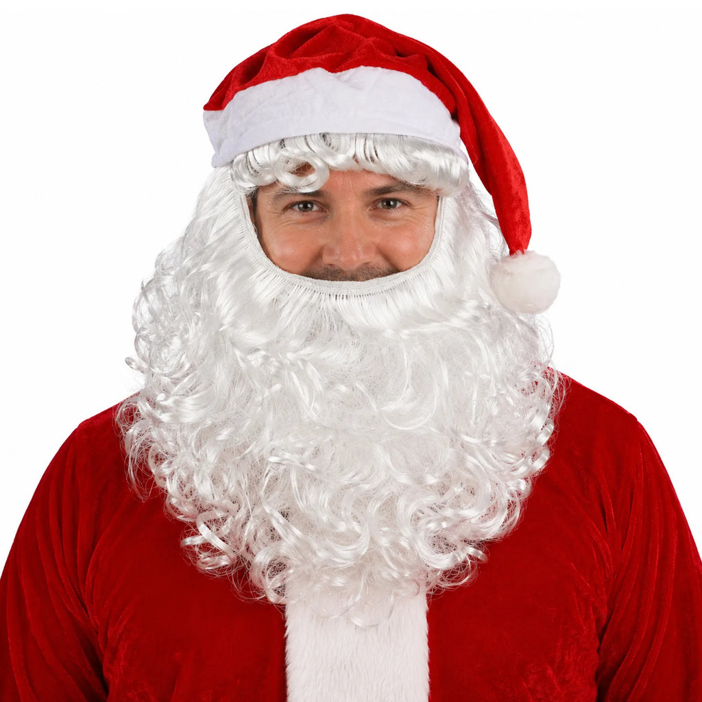 A man wears the red hat with curly white beard accessory; his red costume is not included.