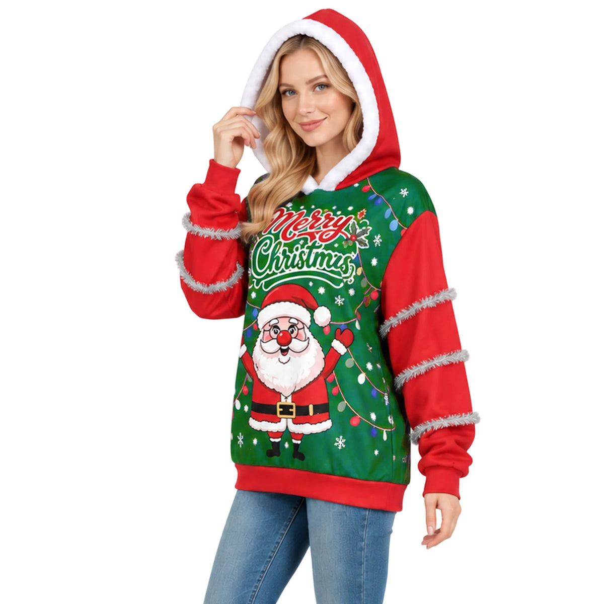 An angled view shows the green hoodie front and red sleeve with silver tinsel bands.