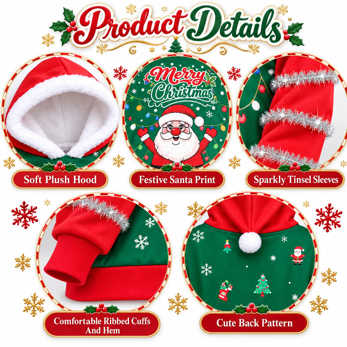Close views show the plush hood, Santa print, tinsel sleeves, ribbed edges and patterned back.