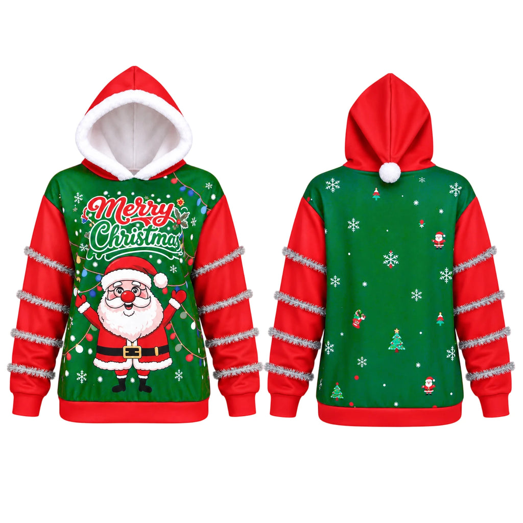 Front and back views show the Santa print, patterned green back and red pompom hood.