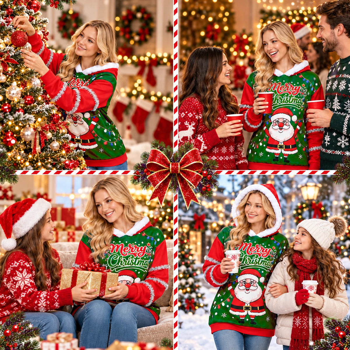 The Santa hoodie appears in holiday scenes with tree decorating, gifts and family gatherings.