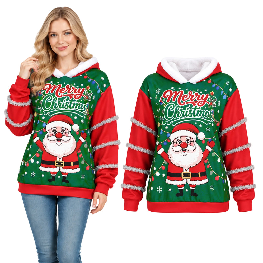 The Santa print pullover is shown with its white plush-lined hood resting down.