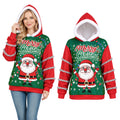 A green Santa print hoodie has red sleeves, silver tinsel trim and a plush-edged hood.