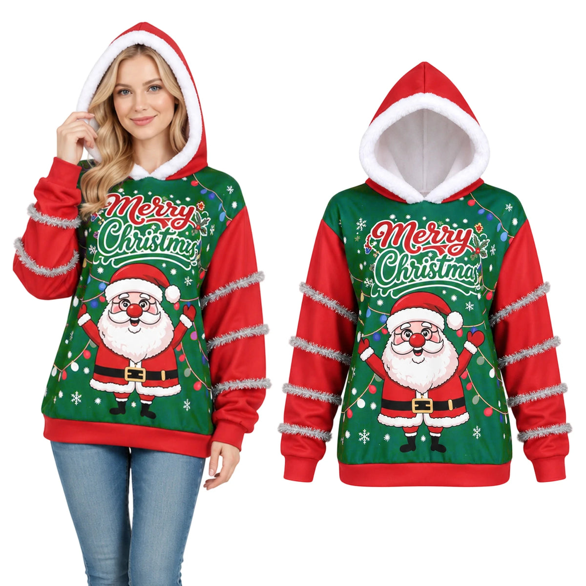 A green Santa print hoodie has red sleeves, silver tinsel trim and a plush-edged hood.