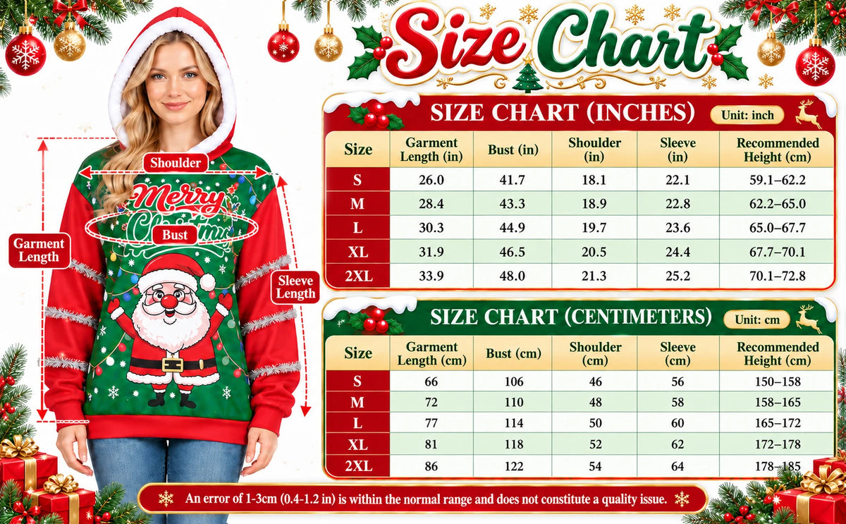 The supplier chart shows garment measurements and recommended heights beside the Santa print hoodie.