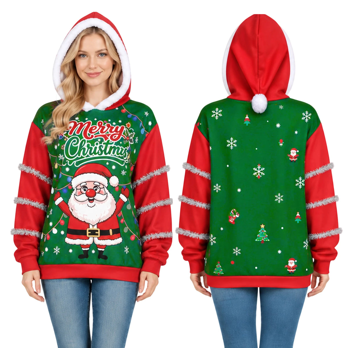 A woman models the Santa hoodie from the front and back with jeans.