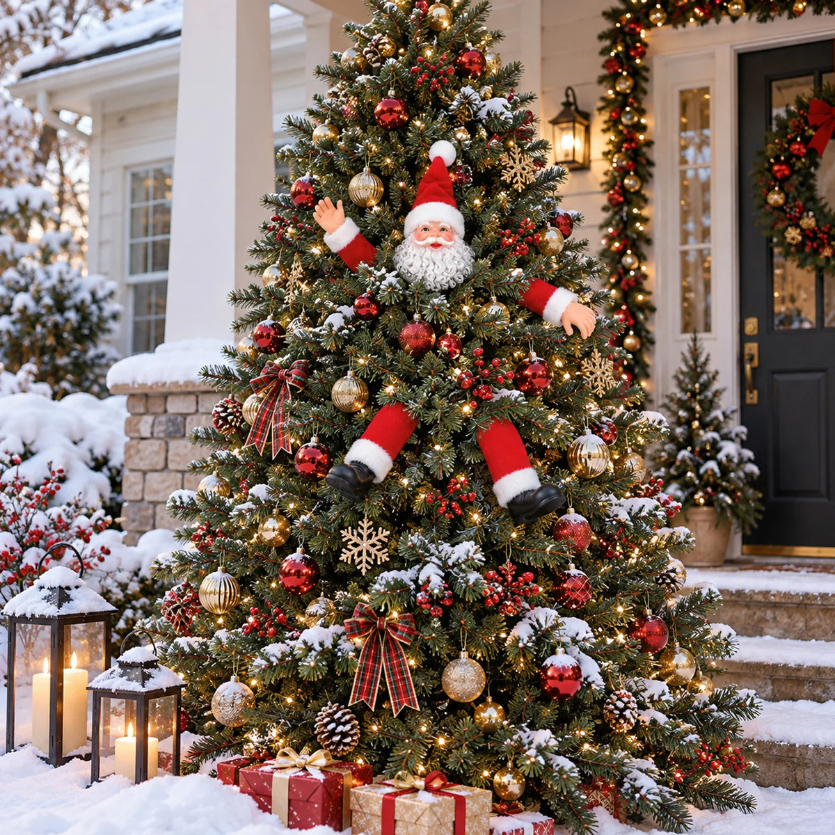 The Santa head and limbs decorate a Christmas tree with ribbons and gifts at a covered entry.