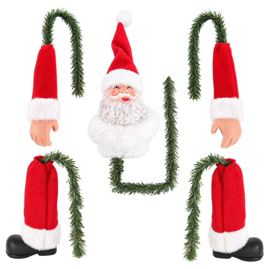 Five separate Santa tree decorations include a bearded head, two arms and two booted legs.