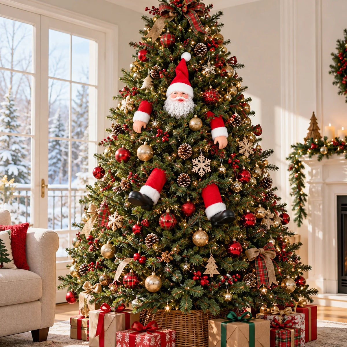 A Santa face, red sleeves and black boots appear among Christmas tree branches in a living room.