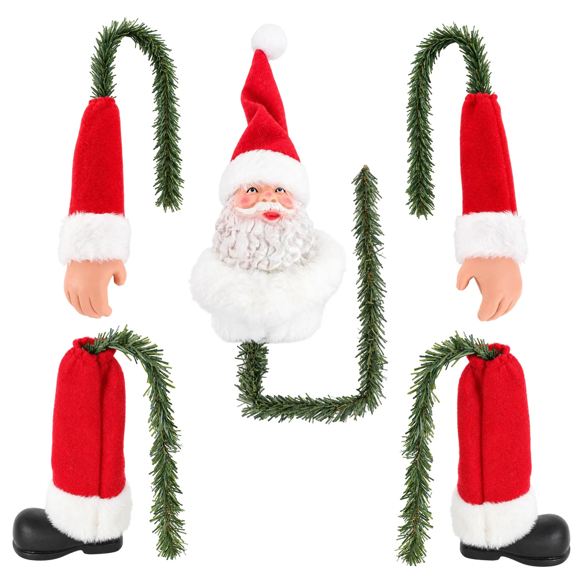 The Santa head, hands and boots have individual green stems for placing among tree branches.