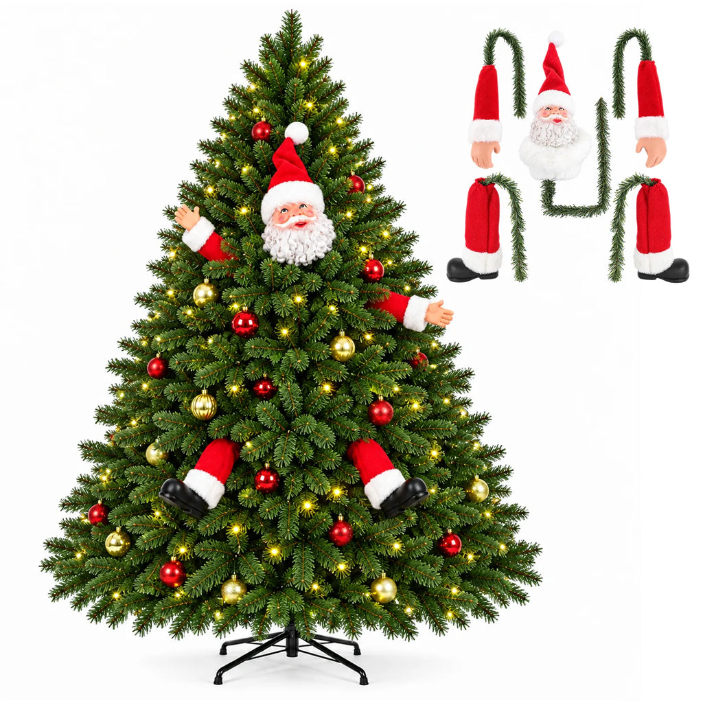 Five Santa tree decoration pieces appear beside a Christmas tree showing their arranged display.