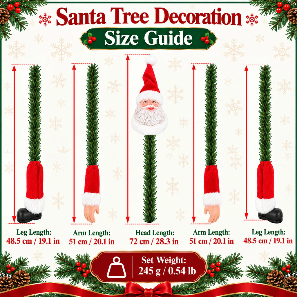 A Santa tree decoration chart labels the head, arm and leg lengths and total set weight.