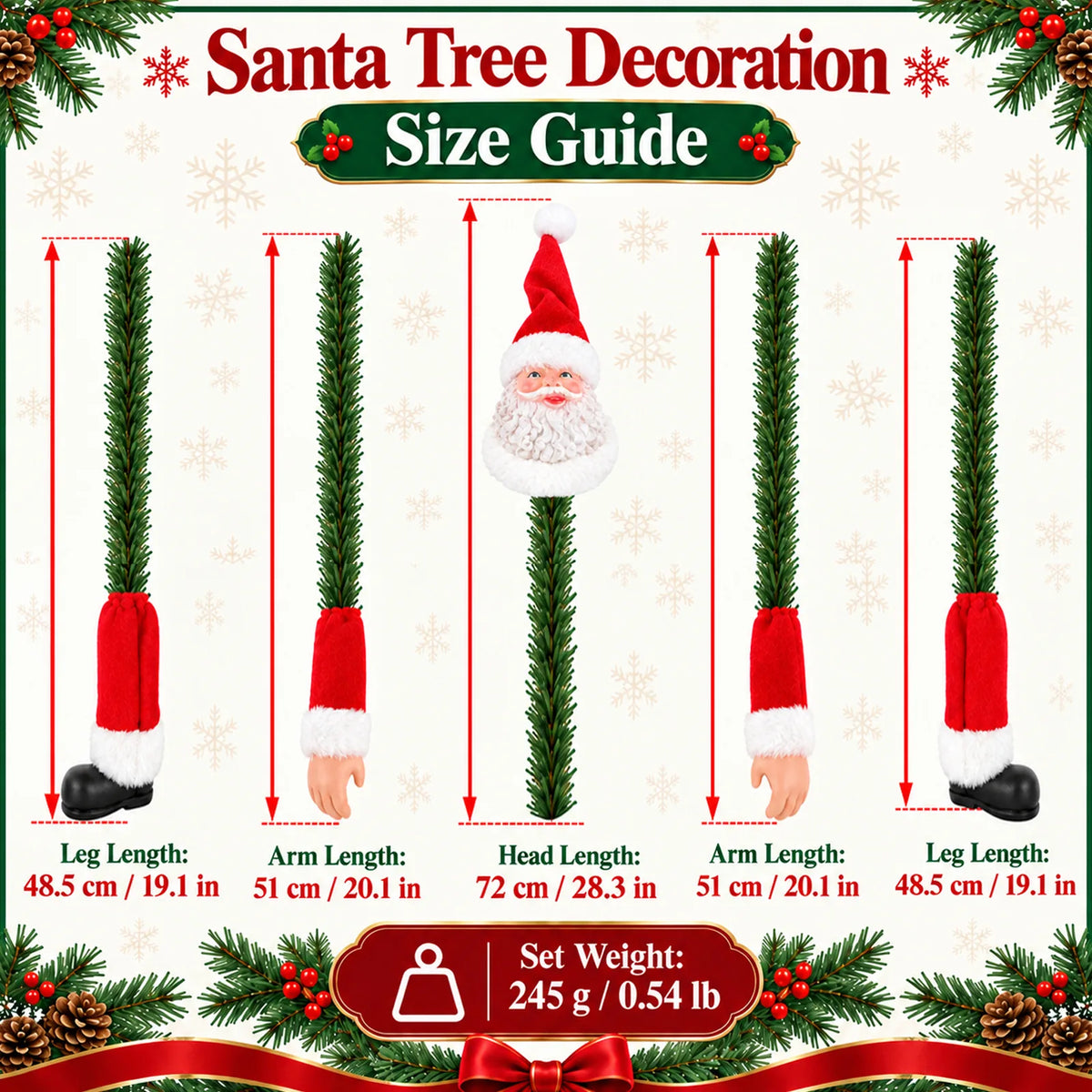 A Santa tree decoration chart labels the head, arm and leg lengths and total set weight.