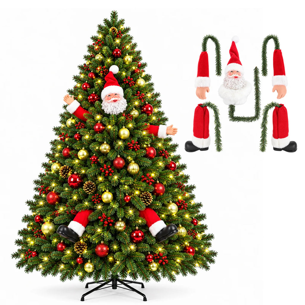 A decorated Christmas tree presents the Santa face and limbs beside the separate five-piece set.