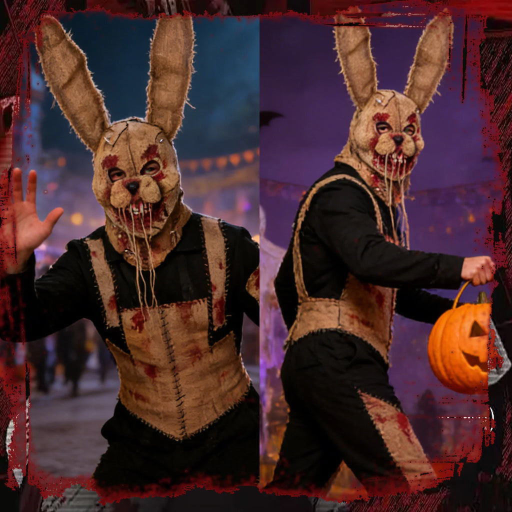 A themed setting presents scary rabbit mask haunted house costume scene, with the long ears, distressed burlap, stitched face and exposed teeth clearly visible.