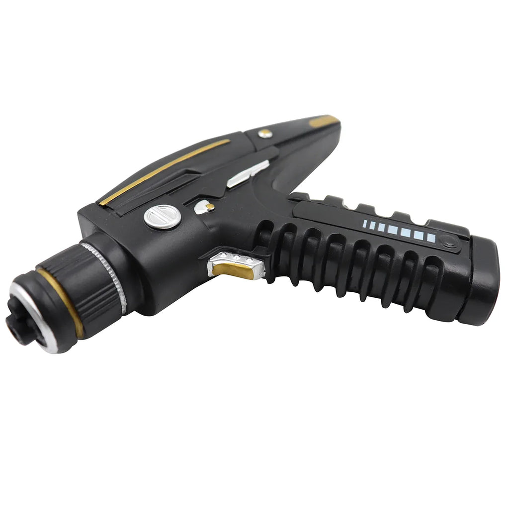 Black and gold sci-fi blaster costume prop shown from the opposite side.
