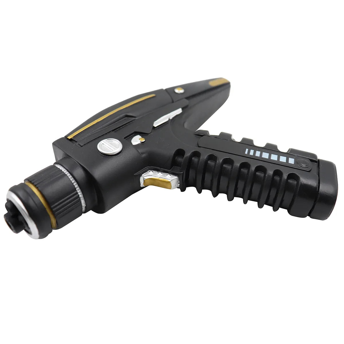 Black and gold sci-fi blaster costume prop shown from the opposite side.