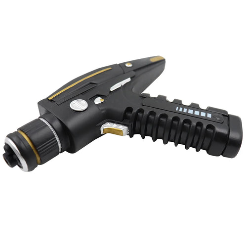 Black and gold sci-fi blaster costume prop shown from the opposite side.