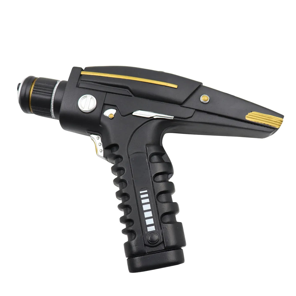 Black and gold sci-fi blaster costume prop shown from the side.
