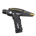 Black and gold sci-fi blaster costume prop shown from the side.