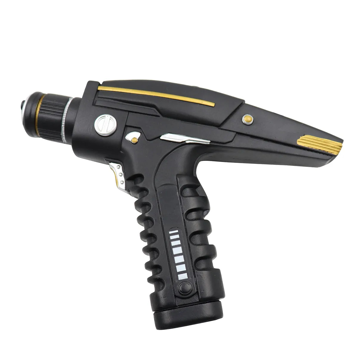 Black and gold sci-fi blaster costume prop shown from the side.