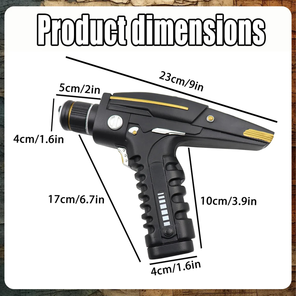 Dimension graphic for the sci-fi blaster prop with centimeter and inch measurements.
