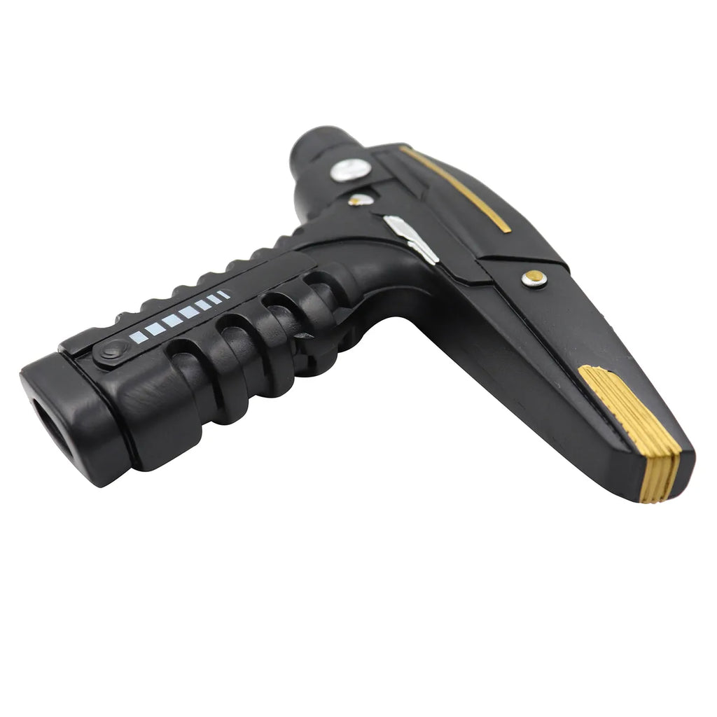 Three-quarter view highlights the ridged grip on the sci-fi blaster prop.