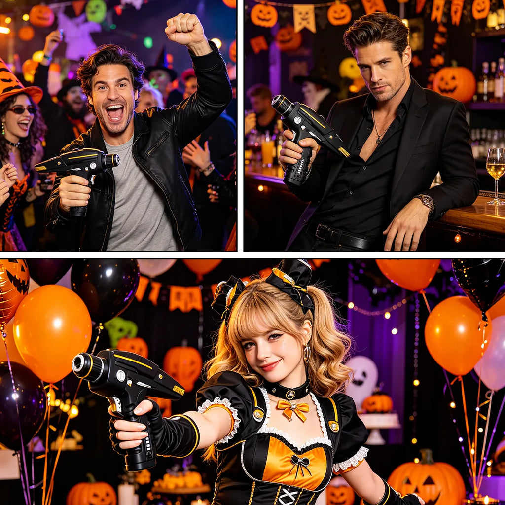 Black and gold sci-fi blaster prop shown in Halloween party costumes.