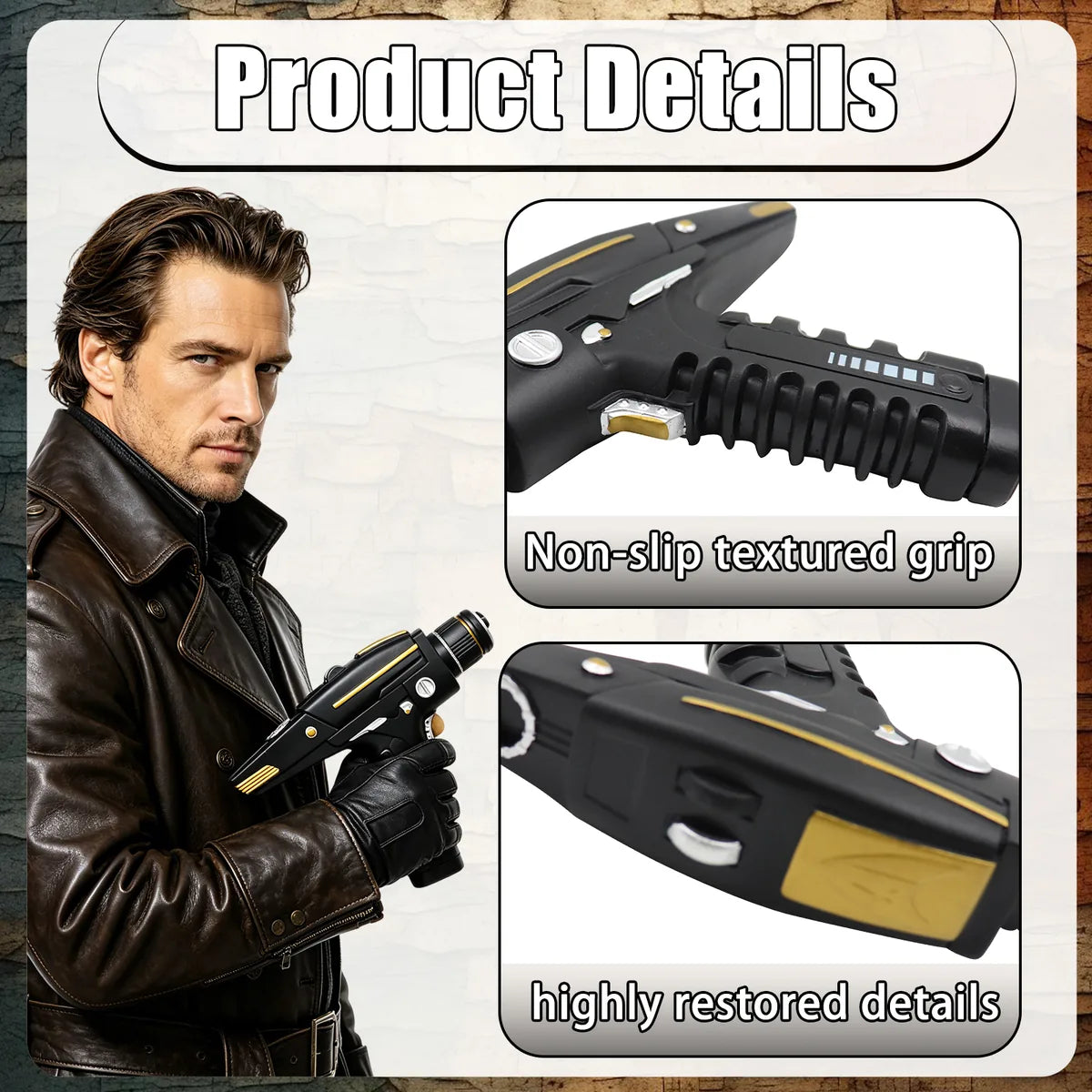 Close-up graphic highlights the textured grip and molded blaster prop details.