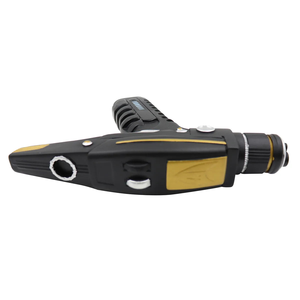 Top and muzzle view shows the black and gold blaster prop details.