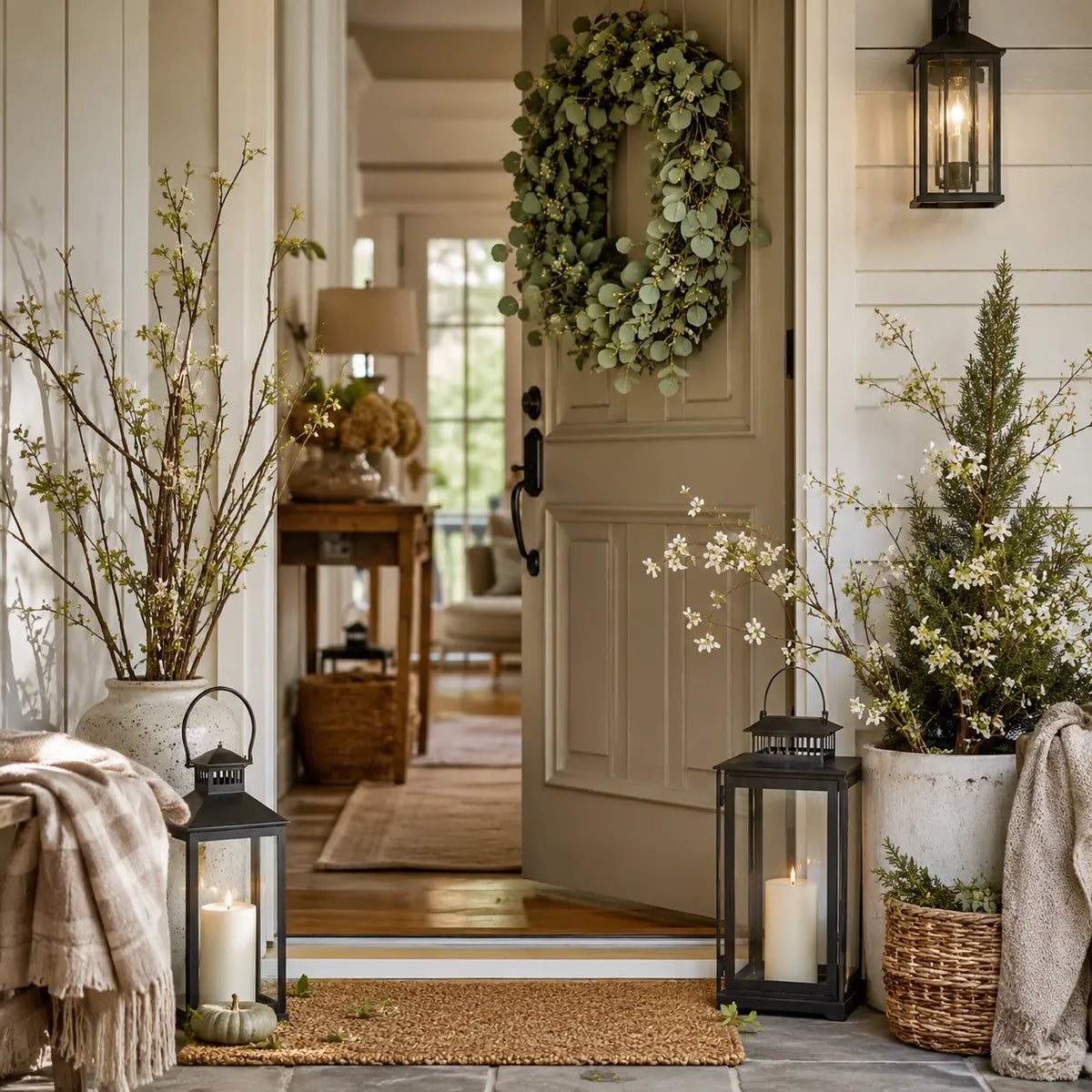 Tasteful seasonal decorations around a welcoming indoor-outdoor home entryway