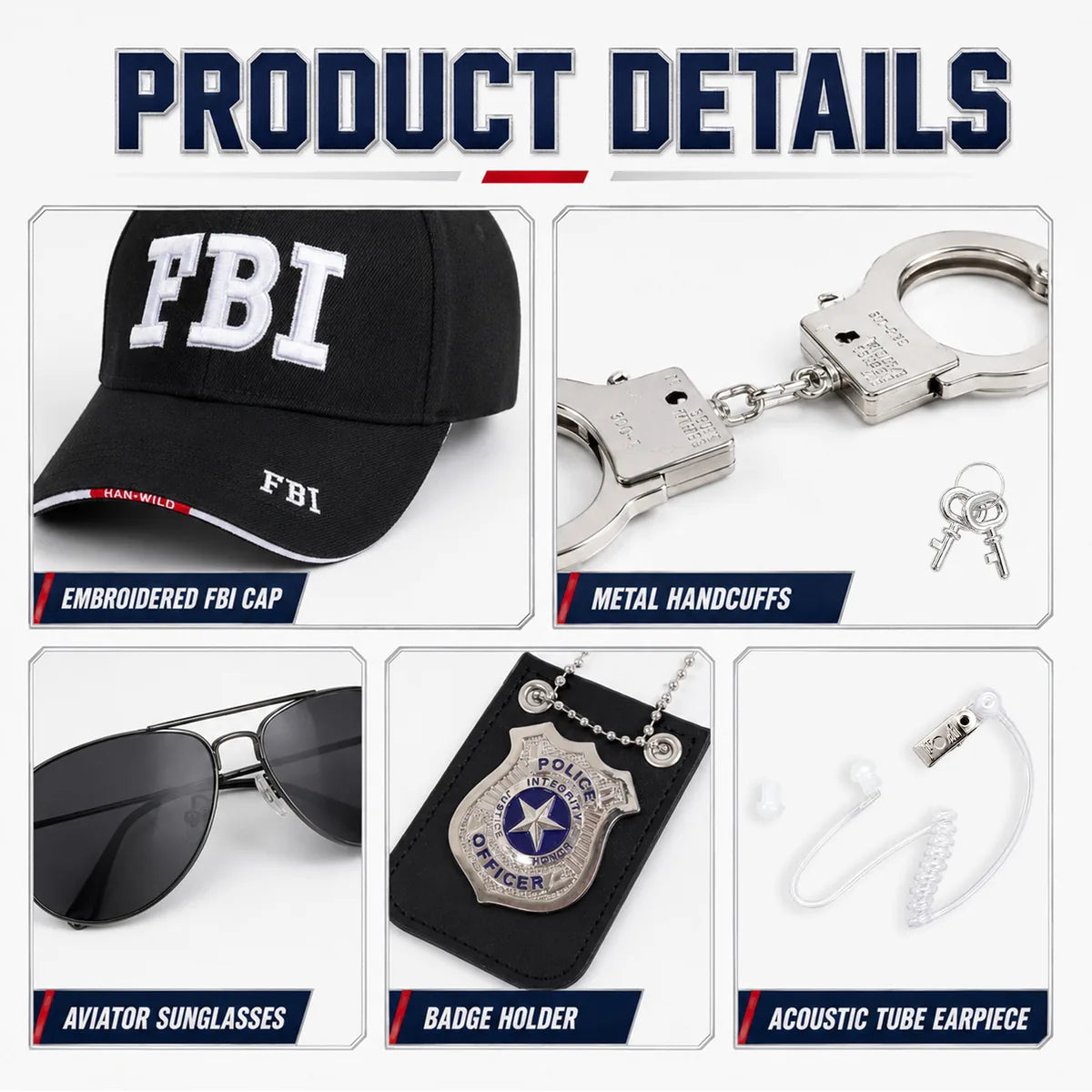 Close-up details of the secret agent costume accessory set, showing visible texture, color, and construction.