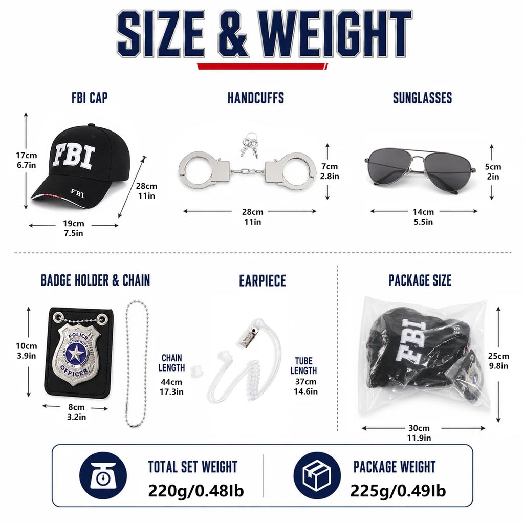 Dimension chart for the secret agent costume accessory set, showing the listed product measurements and scale.