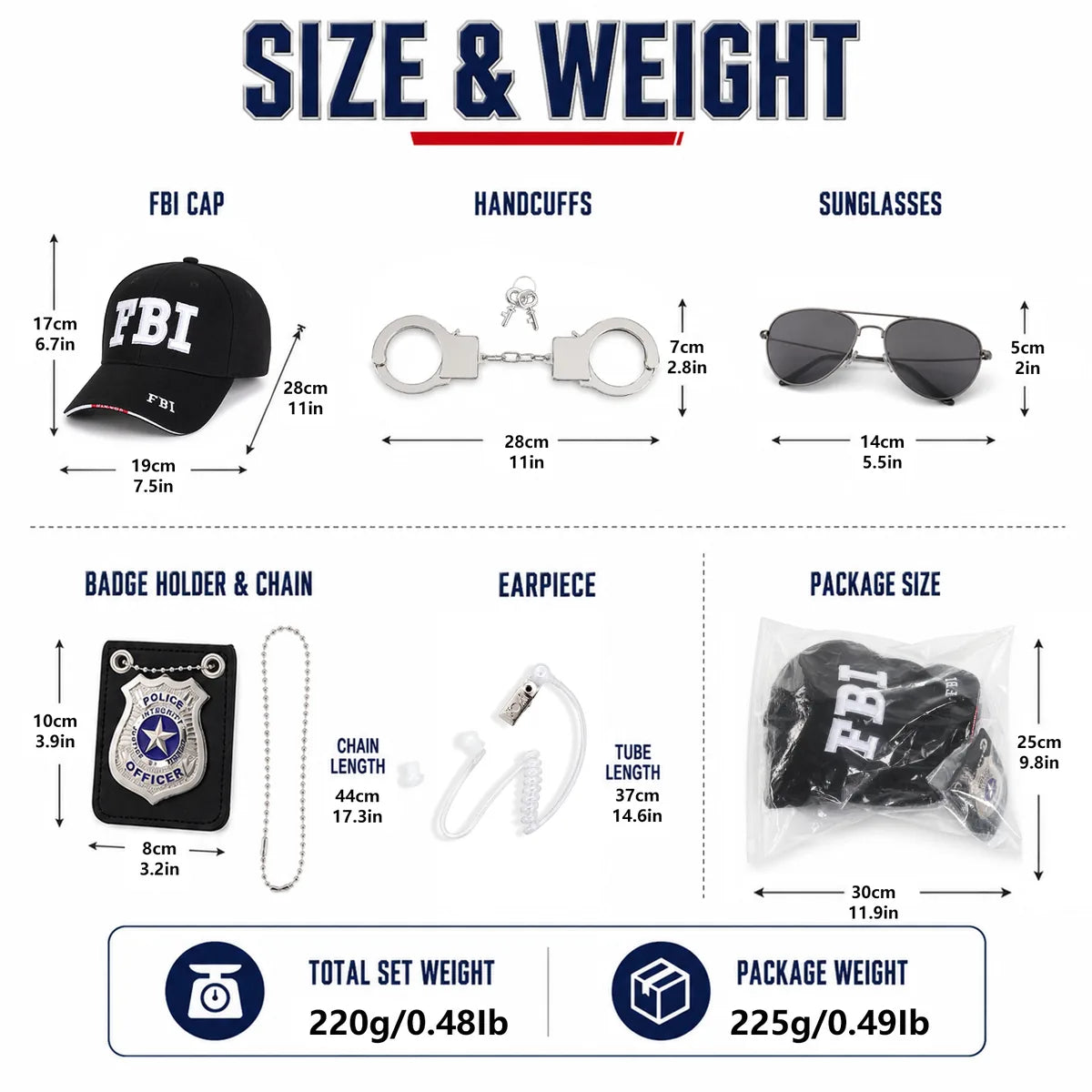 Dimension chart for the secret agent costume accessory set, showing the listed product measurements and scale.
