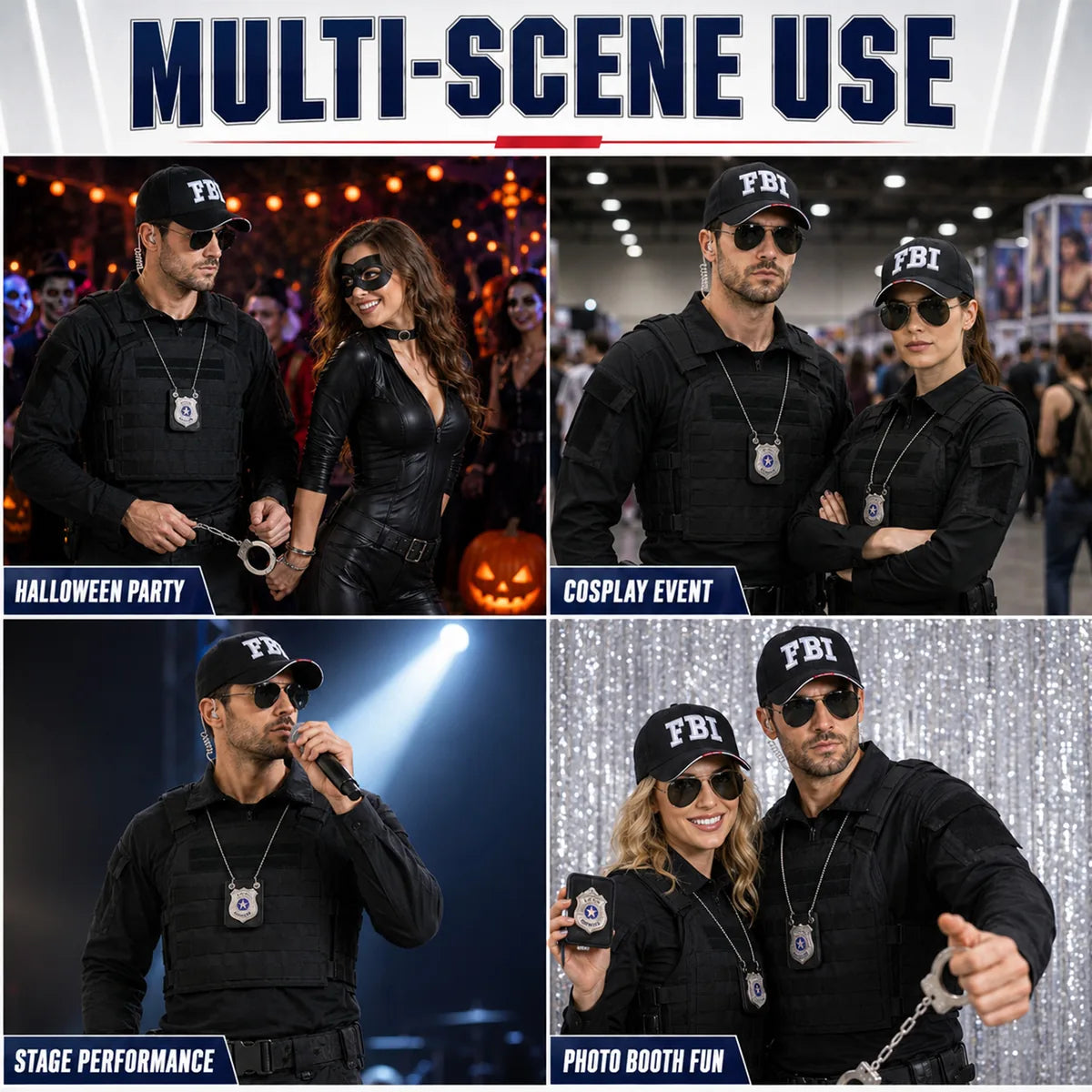 The secret agent costume accessory set shown across several styled Halloween and event display scenes.